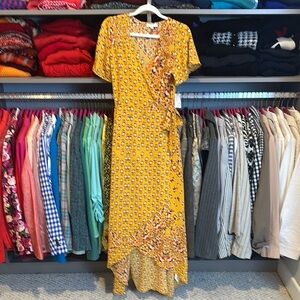 Spirit of Grace yellow/red/navy print short sleeve wrap maxi dress size XS NWT
